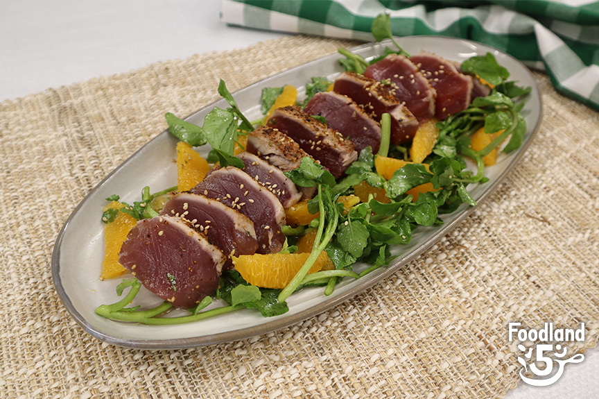 Seared Togarashi Spiced Ahi with Aiea Watercress and Blood Orange Salad